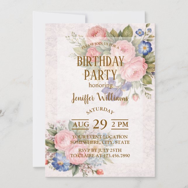 Rustic Vintage Personalized Floral Rose Design     Invitation (Front)