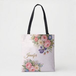 Rustic Vintage Personalized Floral Rose Design Tote Bag