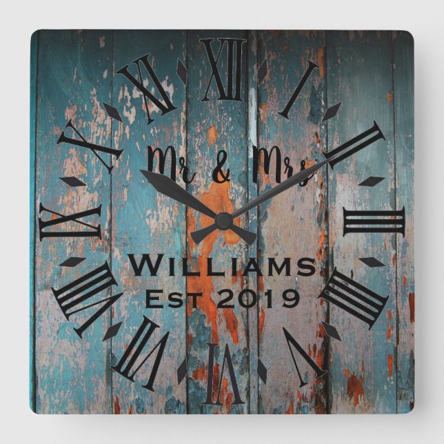 Rustic Vintage  Personalized Wood Custom Square Wall Clock (Front)