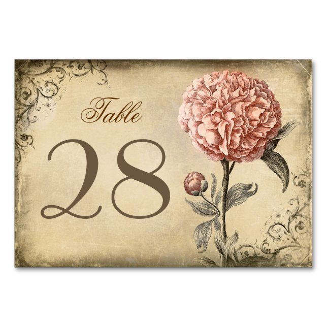 Rustic Vintage Pink Peony Wedding Table Number (Front)