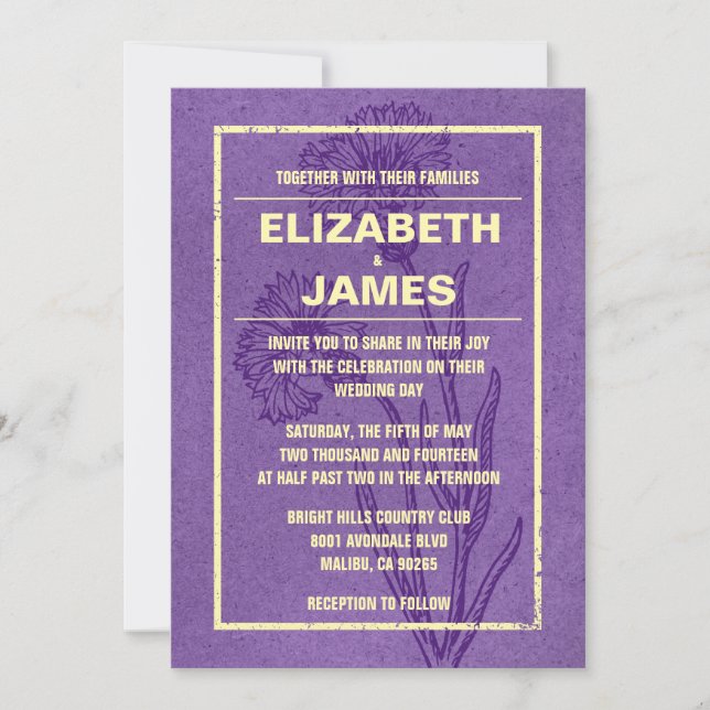 Rustic Vintage Purple And Gold Wedding Invitations (Front)