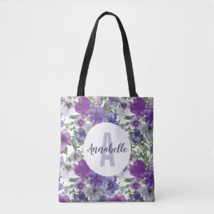 Rustic Vintage Purple Floral Watercolor Monogram Tote Bag