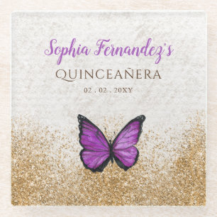 Rustic Vintage Purple Gold Butterfly Glass Coaster