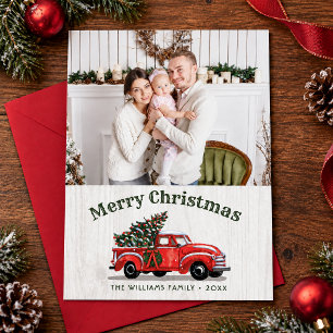 Rustic Vintage Red Truck Family Photo Christmas Holiday Card