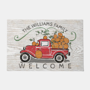 Rustic Vintage Red Truck Pumpkins Monogram Welcome Doormat