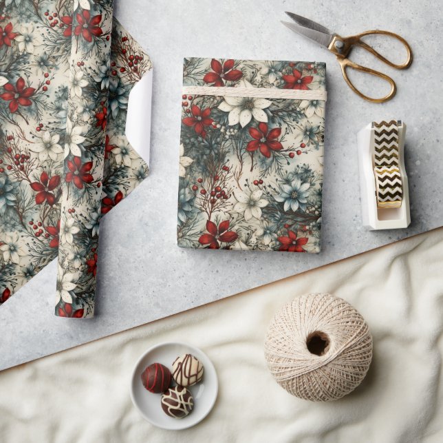 Rustic Vintage retro classic Christmas poinsettia Wrapping Paper (Crafts)