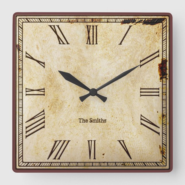 Rustic Vintage Roman Numeral Aged SQ Clock Face (Front)
