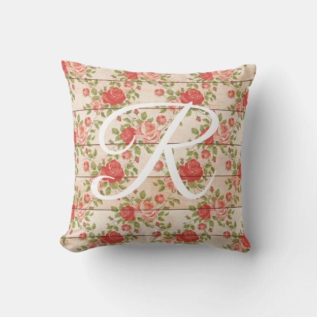 Rustic Vintage Roses Monogram Cushion (Front)
