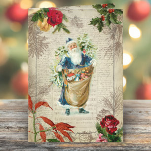 Rustic Vintage Santa w/Flowers, Pine & Music Holiday Card