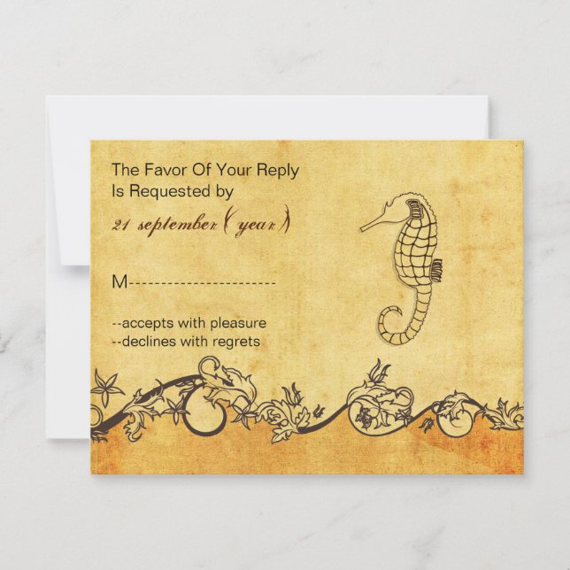 rustic, vintage ,seahorse beach wedding rsvp card (Front)