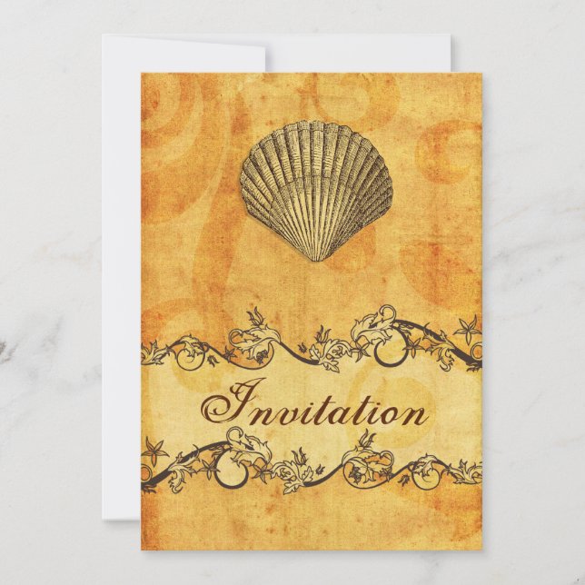 rustic, vintage ,seashell beach wedding invites (Front)