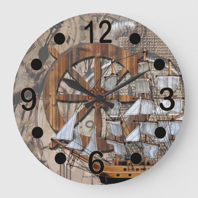 Rustic Vintage Ship of Time Large Clock (Front)