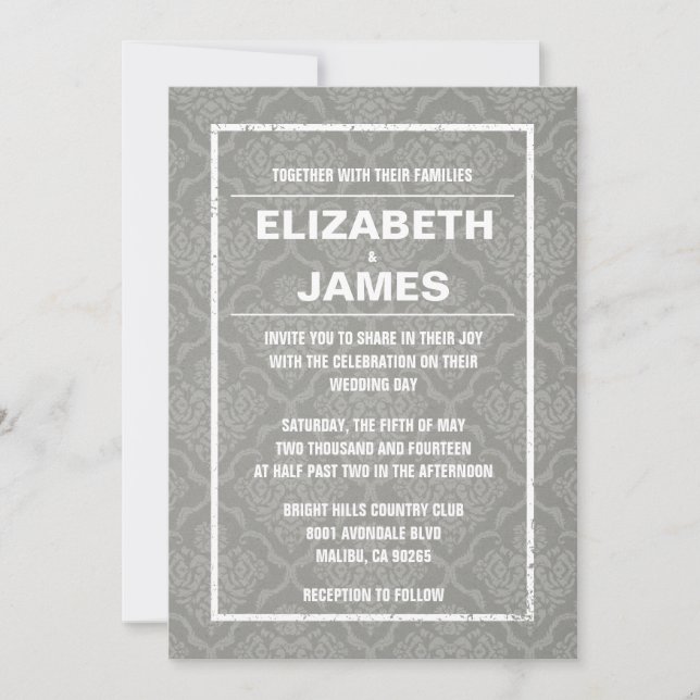 Rustic Vintage Silver Damask Wedding Invitations (Front)