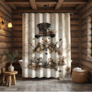 Rustic Vintage Snowman Birds Winter Scene    Shower Curtain