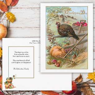 Rustic Vintage Thanksgiving Turkey & Pumpkin Postcard