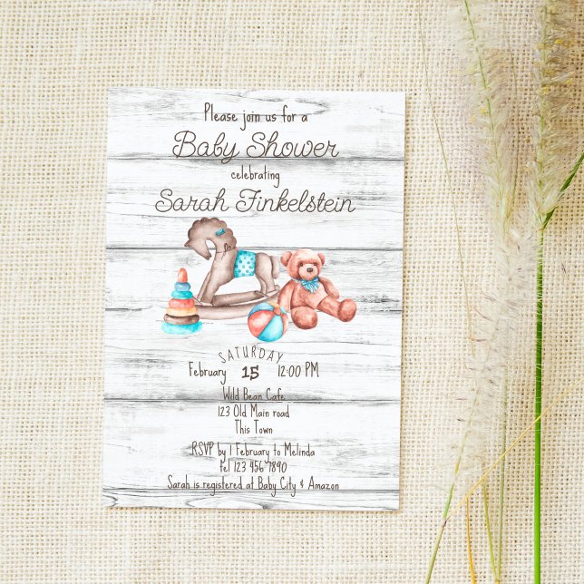 Rustic vintage toys white wood baby shower invitation (Creator Uploaded)