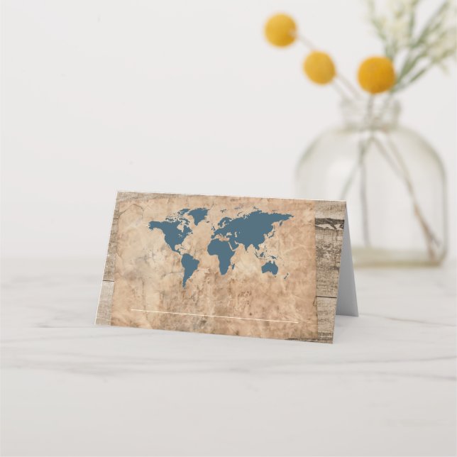 Rustic Vintage Travel Theme Wood Map Place Card (Front)