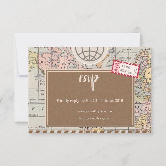 Rustic vintage travel Wedding RSVP Card (Front)