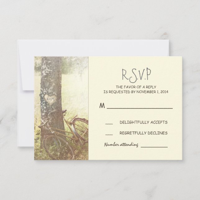 rustic vintage tree and bicycle wedding RSVP Card (Front)