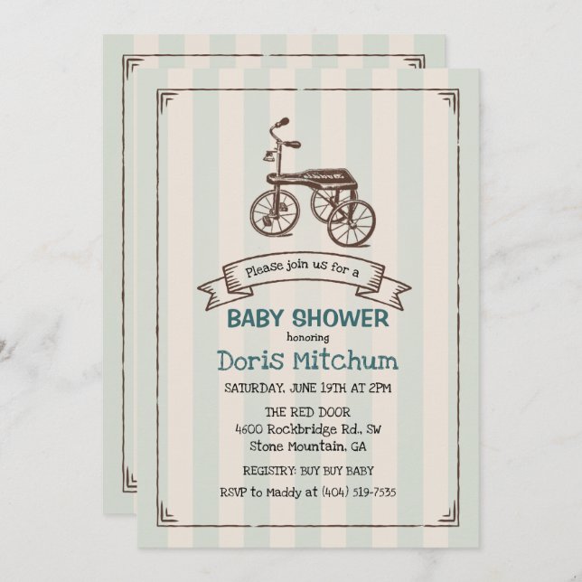 Rustic Vintage Tricycle Boy Baby Shower Invitation (Front/Back)