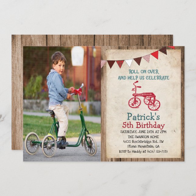 Rustic Vintage Tricycle Boy Birthday Invitation (Front/Back)