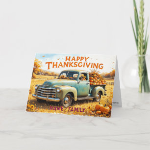 Rustic Vintage Truck with Pumpkins and Sunflowers Holiday Card