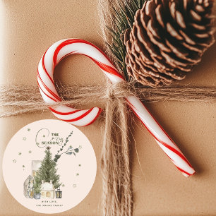 Rustic Vintage Watercolor Cozy Christmas Scene Classic Round Sticker