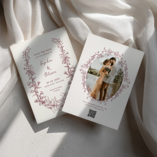 Rustic Vintage Wine Floral Line Art Wedding Save The Date