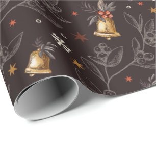 Rustic Vintage Winter Berry Bells Christmas Gift Wrapping Paper