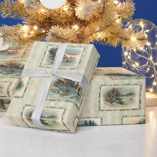 Rustic Vintage Winter Landscape Collage Wrapping Paper (Holidays)