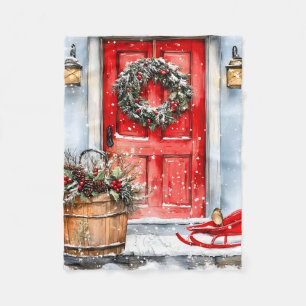 Rustic Vintage Winter Red Christmas Door Wreath Fleece Blanket
