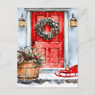 Rustic Vintage Winter Red Christmas Door Wreath Holiday Postcard