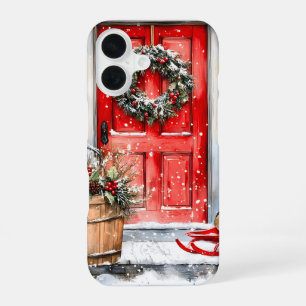Rustic Vintage Winter Red Christmas Door Wreath iPhone 16 Case