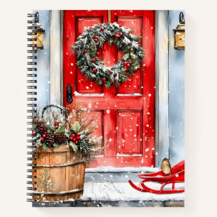 Rustic Vintage Winter Red Christmas Door Wreath Notebook