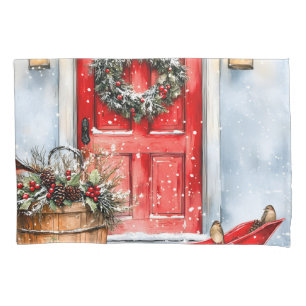 Rustic Vintage Winter Red Christmas Door Wreath Pillowcase