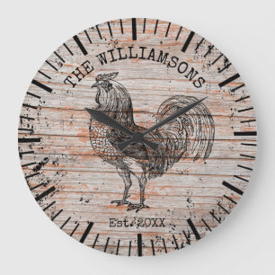 Rustic Vintage Wood Family Name Farm Rooster Large Clock