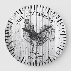 Rustic Vintage Wood Family Name Farm Rooster Large Clock