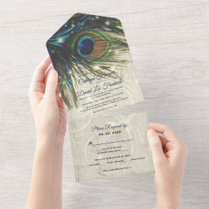Rustic Vintage Wood Navy Turquoise Peacock Wedding All In One Invitation
