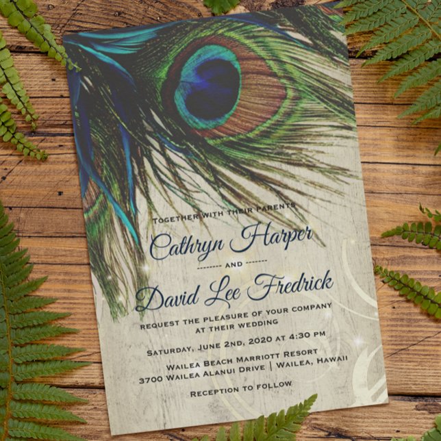 Rustic Vintage Wood Navy Turquoise Peacock Wedding Invitation (Creator Uploaded)