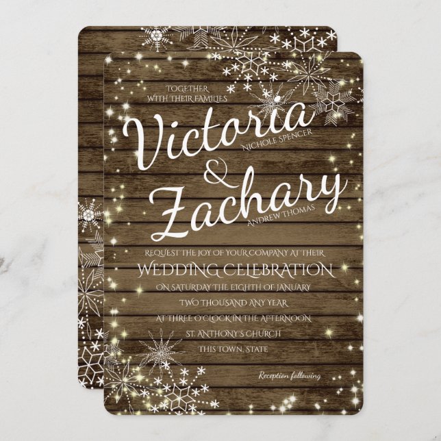 Rustic Vintage Wood Snowflakes and Sparkle Wedding Invitation (Front/Back)