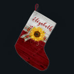 Rustic Vintage Wood Sunflower Monogram Name Small Christmas Stocking<br><div class="desc">Add your name or monogram initials to these cute rustic country sunflower Christmas stockings, and keep them as a lasting treasure for years to come. The vintage design depicts a classic red and white style wood, with an elegant watercolor sunflower illuminated by string lights, burgundy holly berries, a tartan plaid...</div>