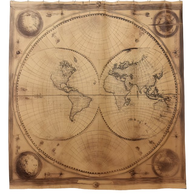 Rustic Vintage World Map Globe Shower Curtain (Front)