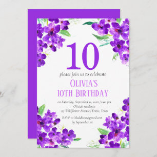 Rustic Violet 10th Birthday Purple Floral Invitation