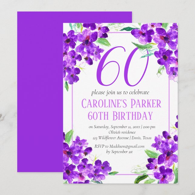 Rustic Violet 60th Birthday Purple Floral Invitation (Front/Back)