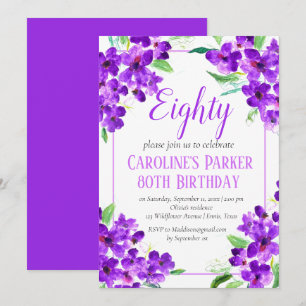 Rustic Violet 80th Birthday Purple Floral Invitation