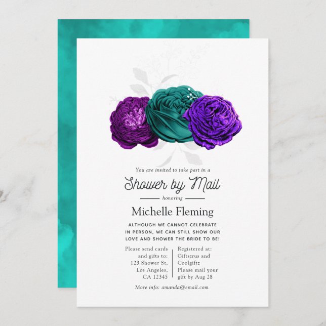 Rustic Violet and Turquoise Floral Shower by Mail Invitation (Front/Back)
