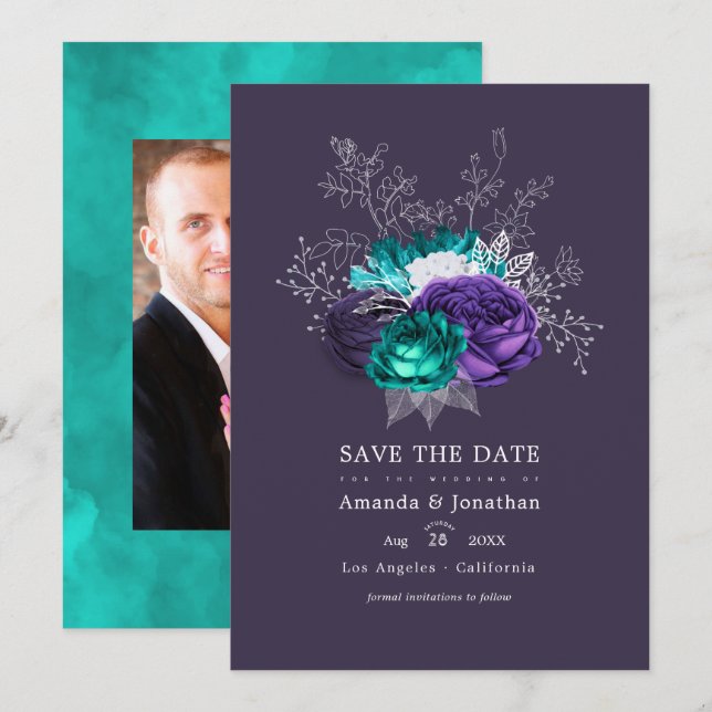 Rustic Violet and Turquoise Floral Wedding Photo Save The Date (Front/Back)