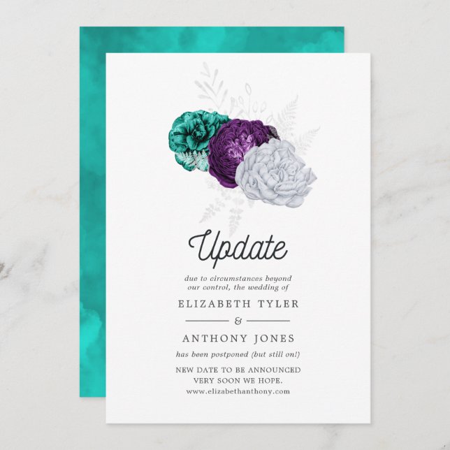 Rustic Violet and Turquoise Floral Wedding Update Invitation (Front/Back)