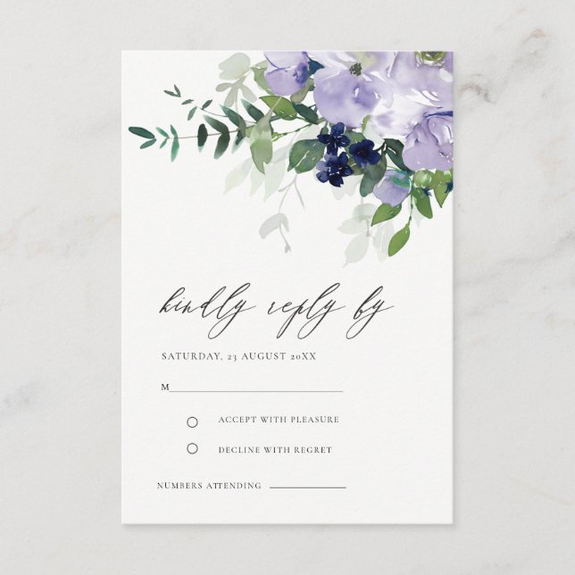 Rustic Violet Purple Floral Leafy Wedding RSVP Enclosure Card (Front)