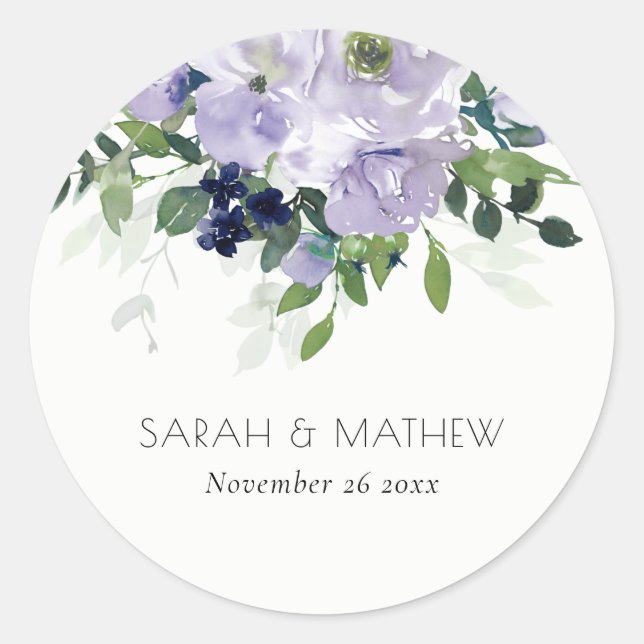Rustic Violet Purple Navy Floral Leafy Wedding Classic Round Sticker (Front)